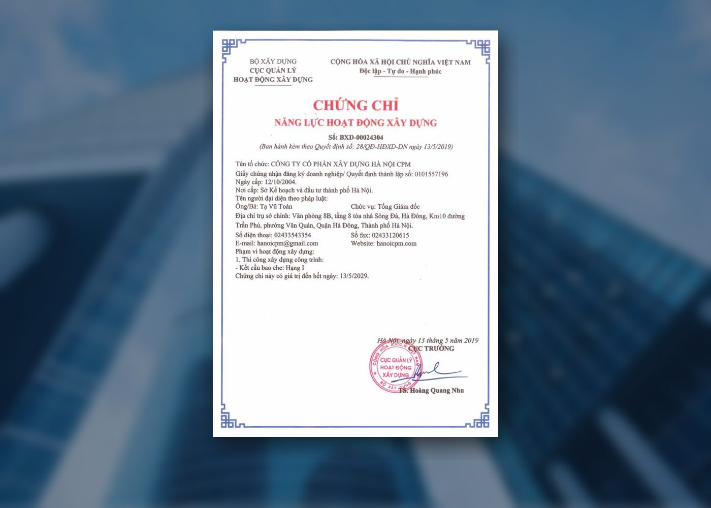 Chứng chỉ Năng lực Hoạt động Xây dựng Hạng I — Kết cấu bao che